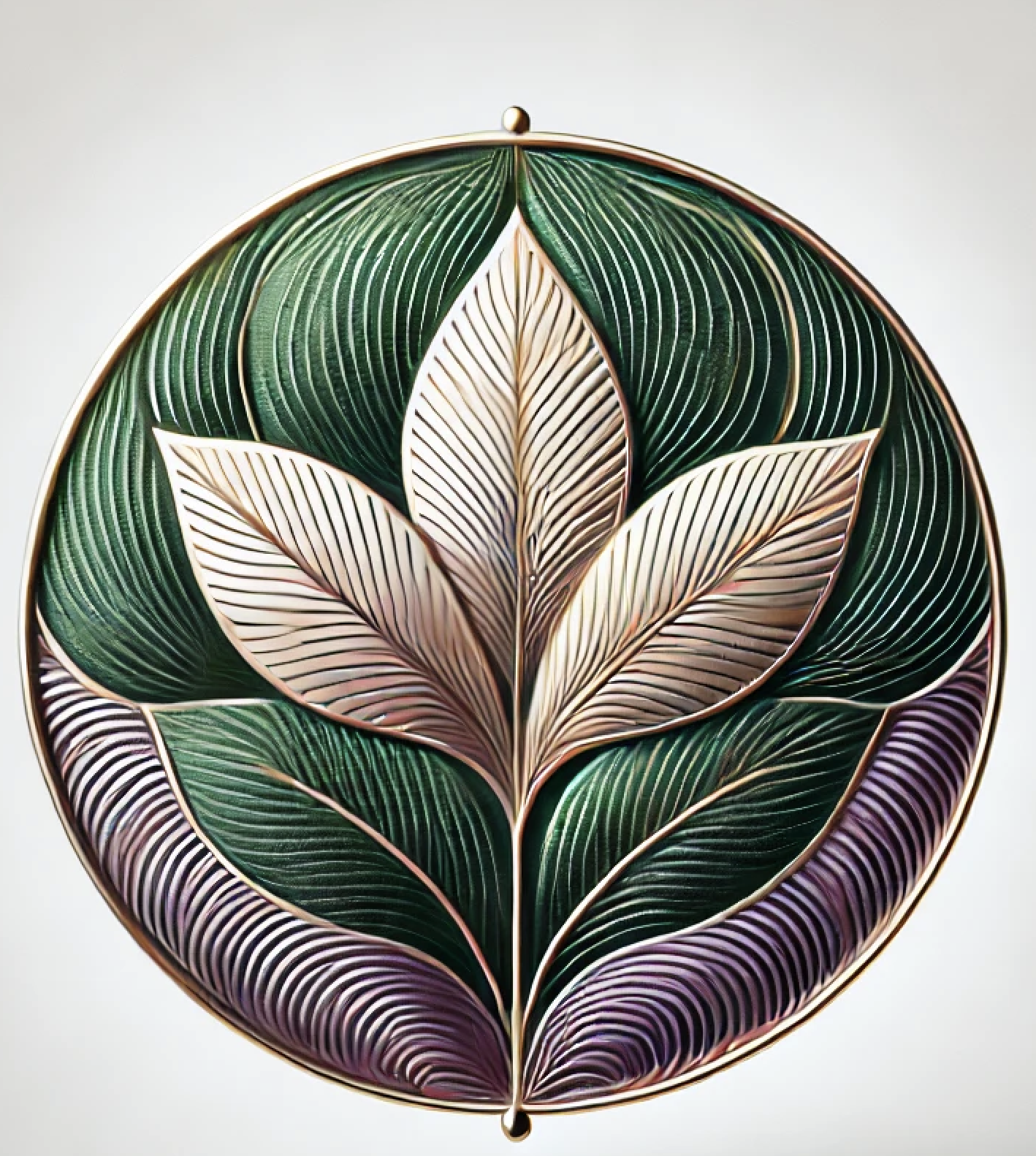 Layered green, gold, and violet leaf emblem